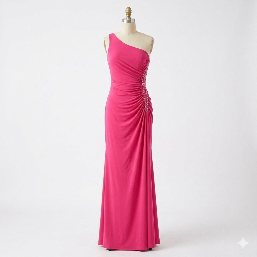 Cache Hot Pink One Shoulder Ruched Beaded Maxi Gown Dress Size 2 Formal Evening
